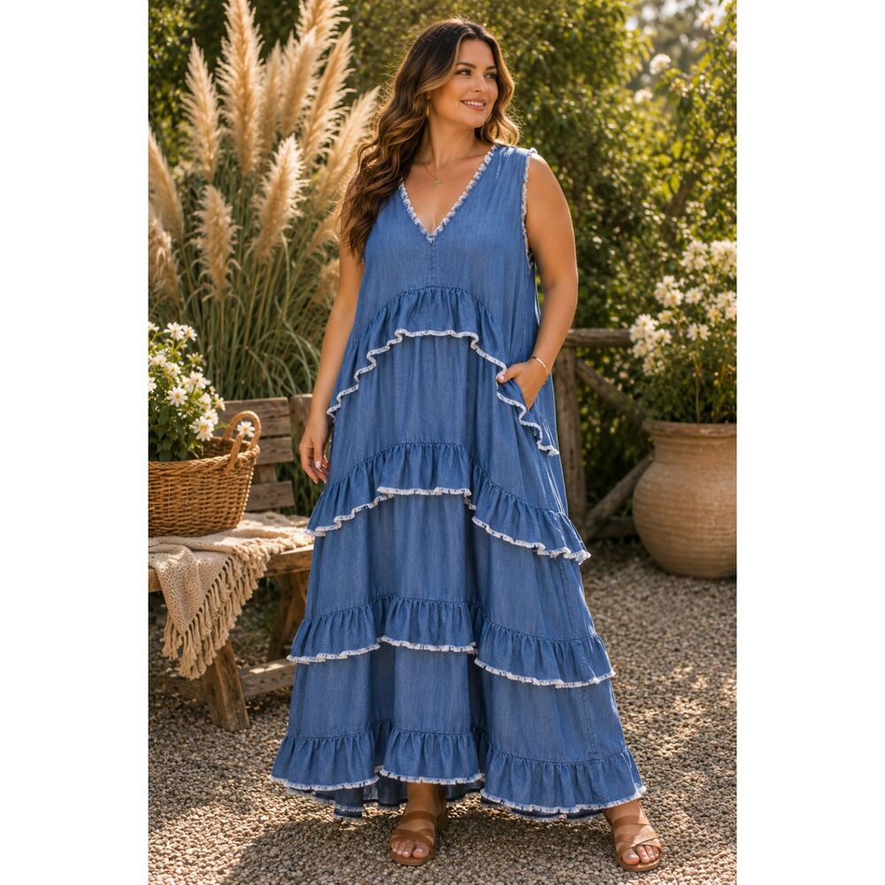 Plus Size 3x Denim Blue Tiered Maxi Dress Boho Sleeveless Rufle Trim Pockets